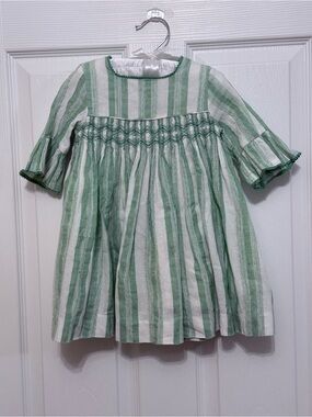Neck & Neck Smocked Green Stripe Linen Blend Dress Size 2Y